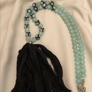 Black Silk Tassel Necklace with Glass Beads